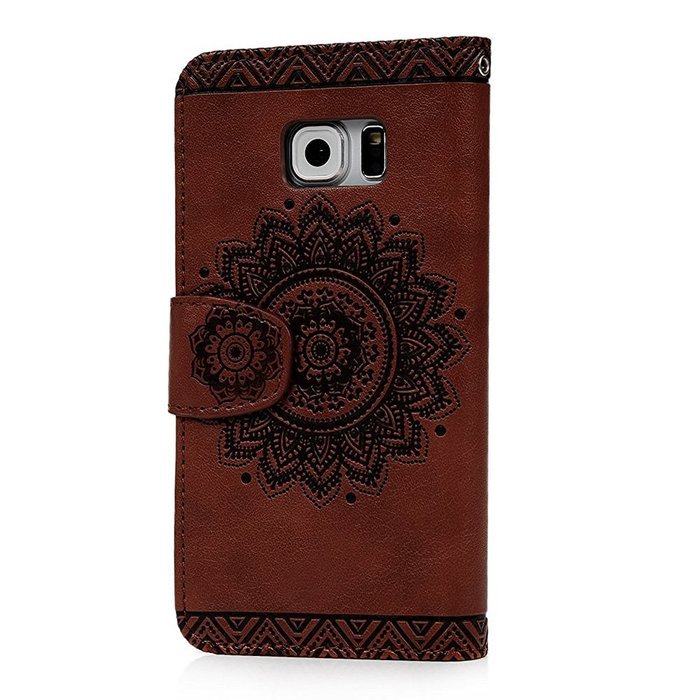 S6 Edge Case,Samsung Galaxy S6 Edge Case - Wallet Embossed Totem Flower Premuim PU Leather Snug Fit Soft TPU Inner... N24