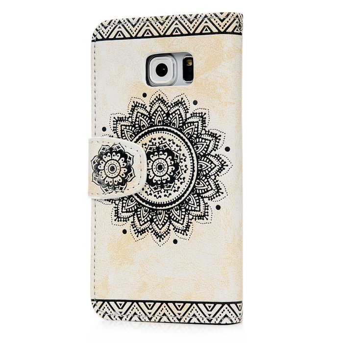S6 Edge Case,Samsung Galaxy S6 Edge Case - Wallet Embossed Totem Flower Premuim PU Leather Snug Fit Soft TPU Inner... N28