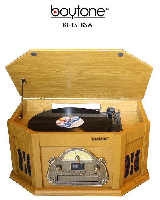 7-in-1 Boytone BT-15TBSW Classic Turntable Stereo System, Vinyl Record Player, AM/FM, CD, Cassette, USB, SD slot...
