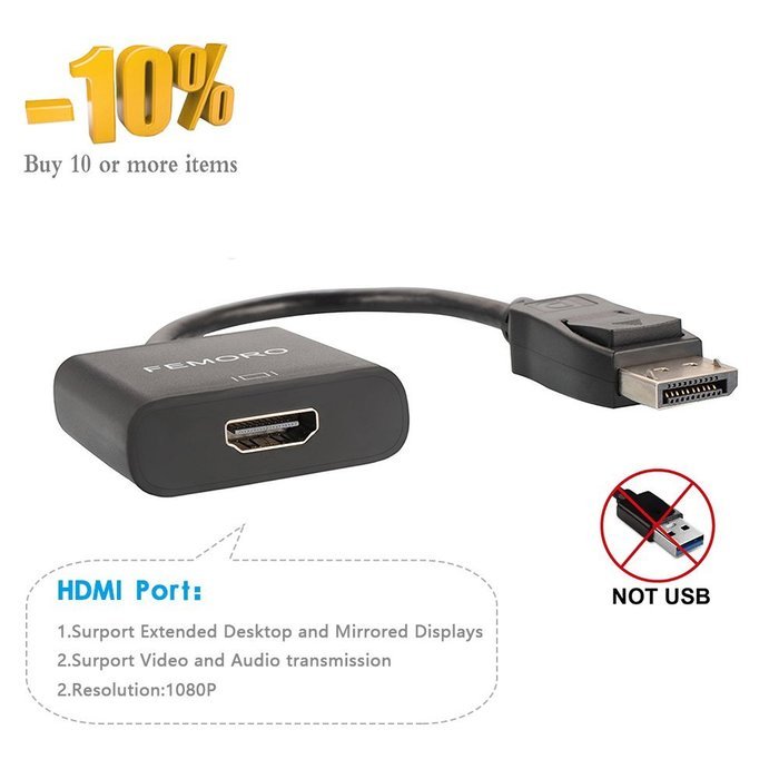 Display to HDMI Adapter Converter, FEMORO DP Displayport to HDMI Adapter Splitter Male to Female Audio Video Link...