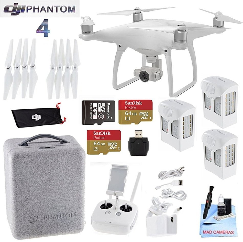 DJI Phantom 4 Extended Flight Bundle- Includes 3 Intellegent In Flight Battery + 2 64GB Micro SD Memory Card