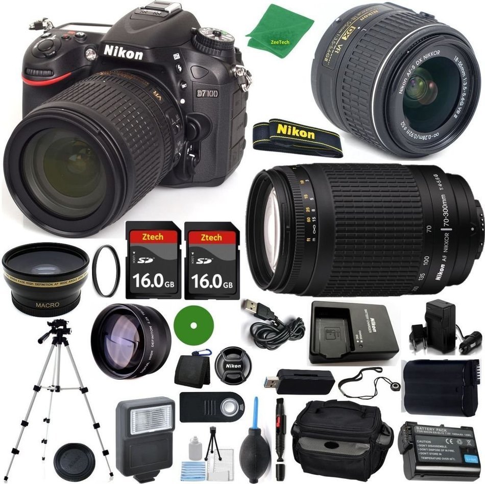 Nikon D7100 - International Version (No Warranty), 18-55mm f/3.5-5.6 DX VR, Nikon 70-300mm f/4-5.6G, 2pcs 16GB...