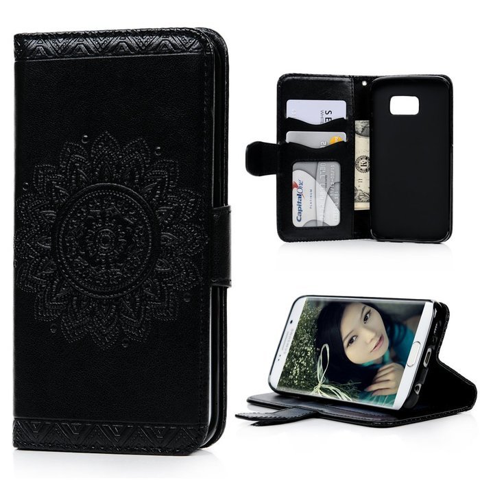 S6 Edge Case,Samsung Galaxy S6 Edge Case - Wallet Embossed Totem Flower Premuim PU Leather Snug Fit Soft TPU Inner... N34