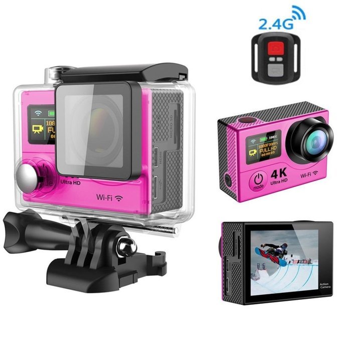 TONSEE Sport Camera H3R Ultra 4K HD 2.0 Inch Screen Action Camera Waterproof 30m+Remote Control - Hot Pink N2