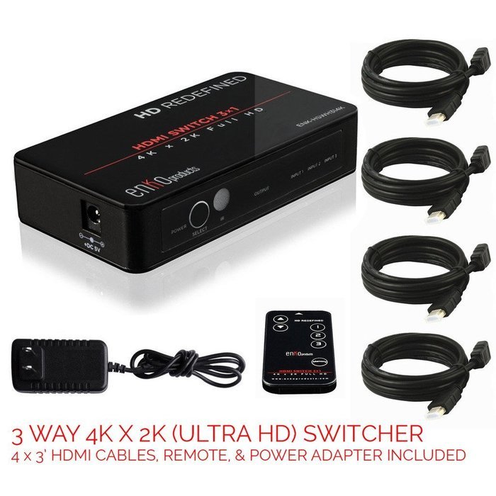 enKo HDMI 3 Ports Hub Switch v1.4 (4Kx2K) includes IR Remote, 4x HDMI Cables, AC Power Adapter (Support 4Kx2K...