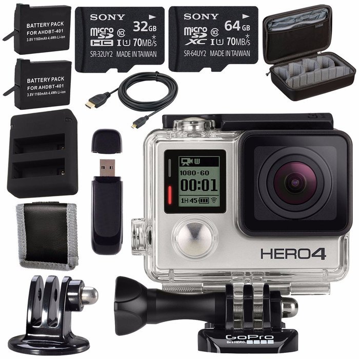 GoPro HERO4 Silver + Rechargeable Battery + Dual Battery Charger + Sony 32GB microSDHC Card + Sony 64GB microSDXC...