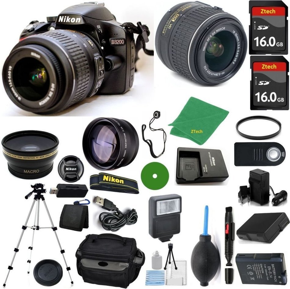 Nikon D3200 DSLR - International Version (No Warranty), 18-55mm f/3.5-5.6 DX VR, 2pcs 16GB Memory, Camera Case...