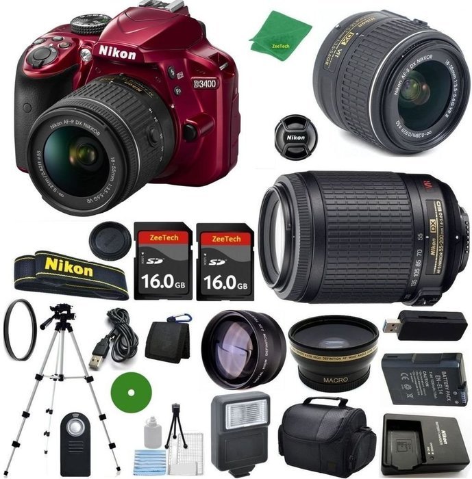 Nikon D3400 International Version - No Warranty, 18-55mm f/3.5-5.6 DX VR, Nikon 55-200mm f4-5.6G ED VR Nikkor,...