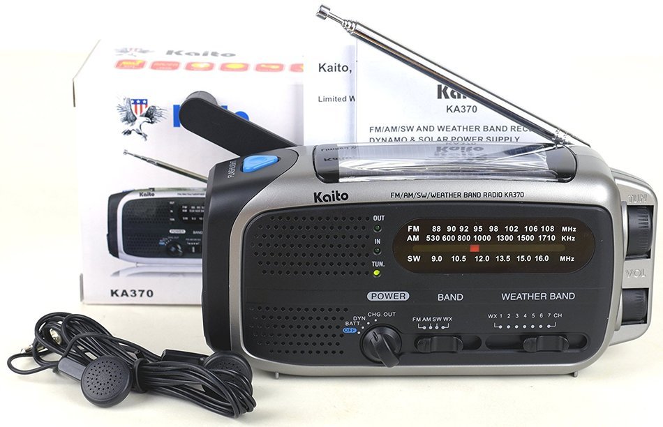 Kaito KA370 Voyager Solar/Crank AM/FM/SW NOAA Weather Radio with 5-LED flashlight, Black N9