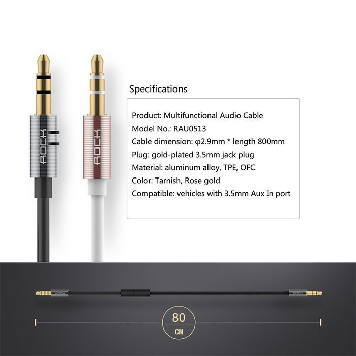 【Audio Cable】ROCK 2.6ft/80CM 3.5mm In-line Control Tangle-Free Male To Male Universal Stereo Audio Cable with... N3