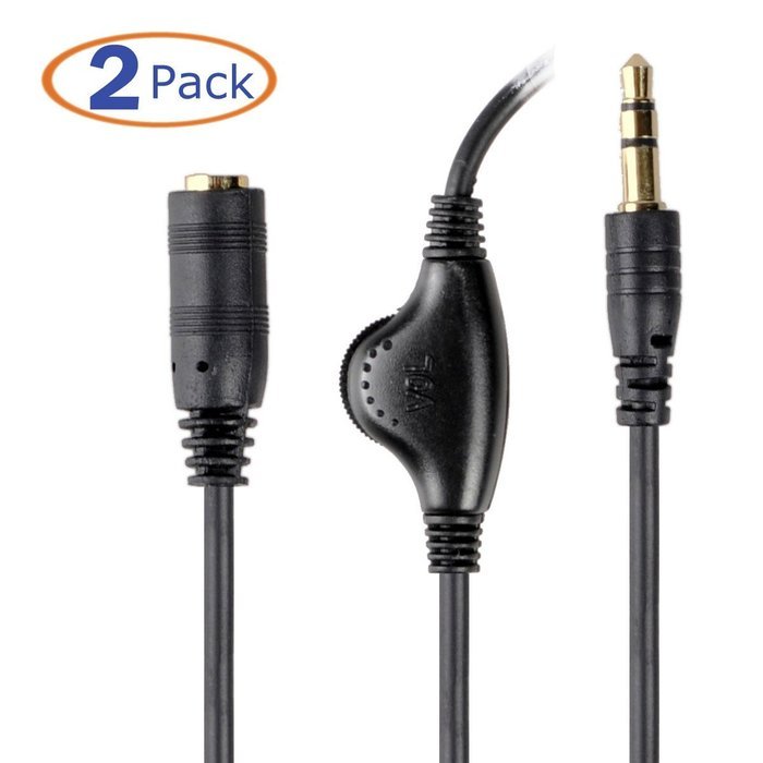Conwork 2-Pack 3.5mm Male to Male Audio Extension Cable Stereo Headphone Cord with Volume Control 4Feet (Black) N2