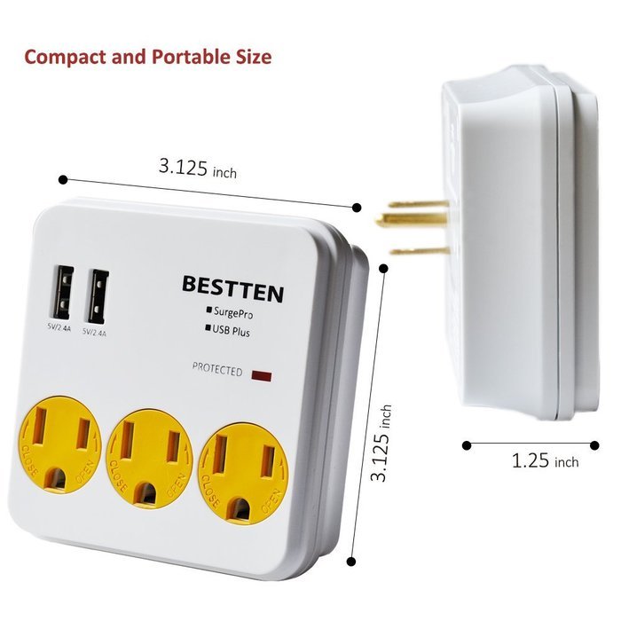 Bestten 3 Outlet Wall Mount Surge Protector with 2 USB Charging Ports (2.4A/Port, Total 3.1A) and Safety Covers... N7