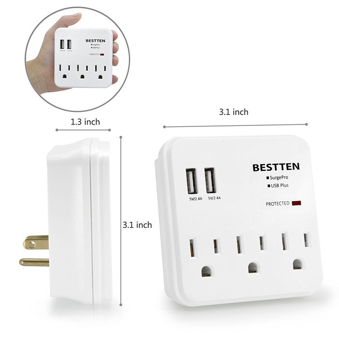 Bestten 3 Outlet Wall Mount Surge Protector with 2 USB Charging Ports (2.4A/Port, Total 3.1A) and Safety Covers... N12