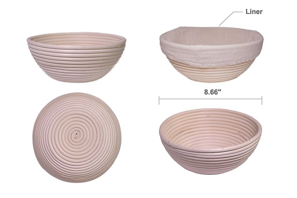Banneton Bakers Set (4 pieces) - 8.66" Banneton Rattan Proofing Basket with Liner, Danish Dough Whisk, Dough Scraper...