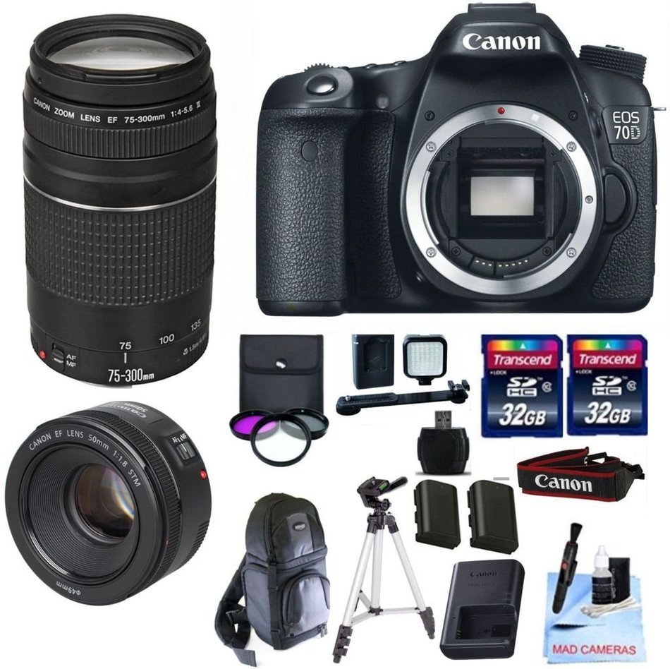 Canon 70D + Canon 75-300mm III Telephoto Lens + Canon 50mm 1.8 STM + 2 32GB Transcend SD Memory Cards + LED Video...