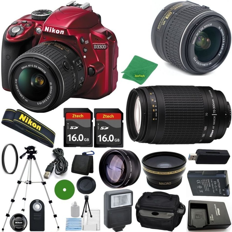 Nikon D3300 Red - International Version (No Warranty), 18-55mm f/3.5-5.6 DX VR, Nikon 70-300mm f/4-5.6G, 2pcs...