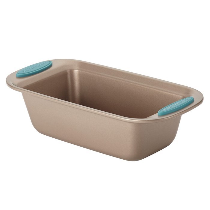 Rachael Ray Cucina Bakeware 2-Piece Loaf Pan, Latte Brown, Agave Blue Handle Grips