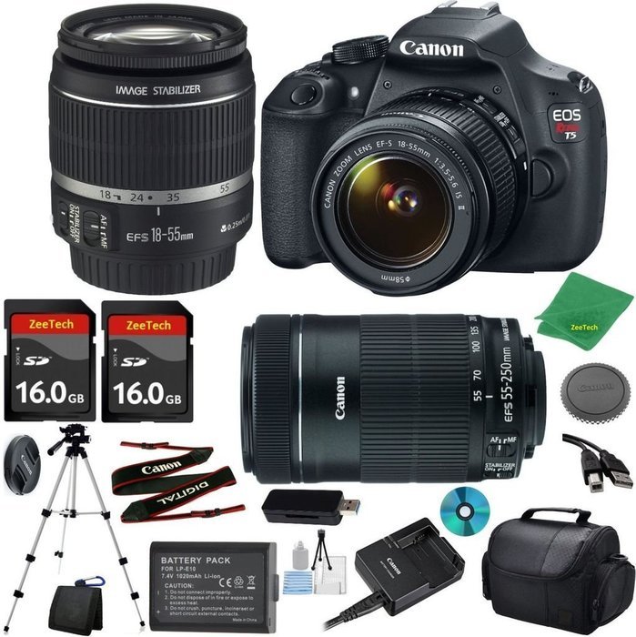 Canon EOS Rebel T5 Camera with 18-55mm IS Lens + 55-250mm STM + 2pcs 16GB Memory Card + Camera Case + Memory Reader...