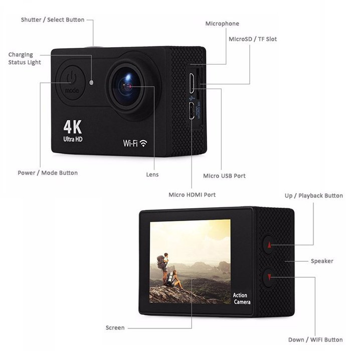 IWAWA Ultra HD 4K Wifi Waterproof Action Camera 4K1080P 170 Degree Wide Angle Lens N9
