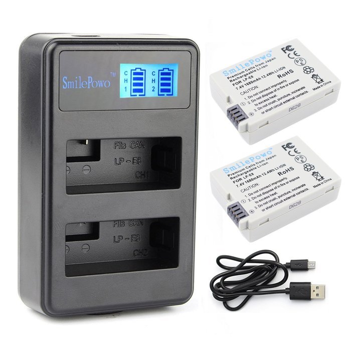 SmilePowo 2-PACK LP-E8 Battery for Canon Rebel T3i, T2i, T4i, T5i, EOS 600D, 550D, 650D, 700D, Kiss X5, X4, Kiss... N2