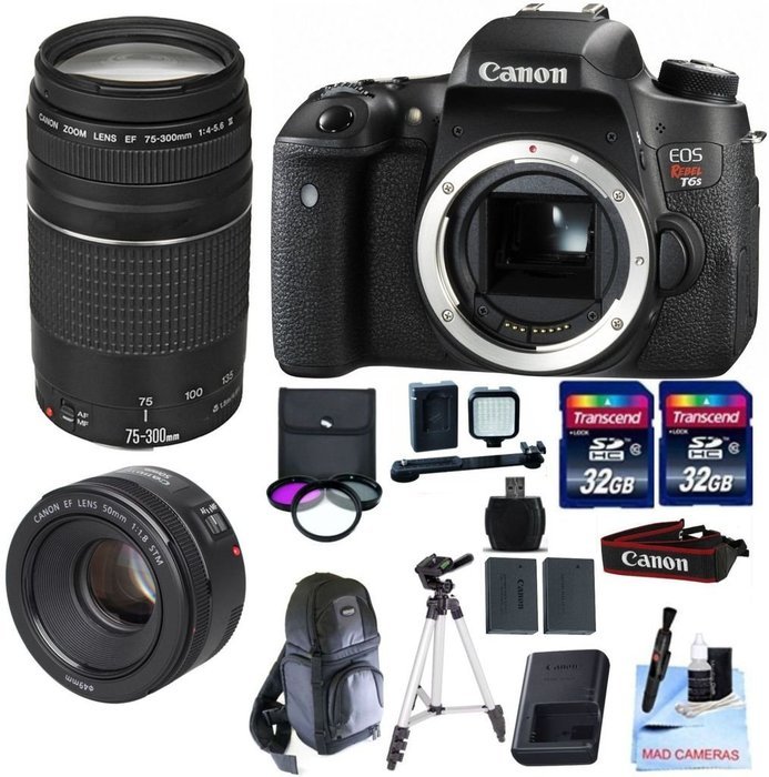 Canon EOS T6s + Canon EF 75-300mm III Lens + Canon 50mm STM + 2 32GB Transcend SD Memory Cards + LED Video Light...