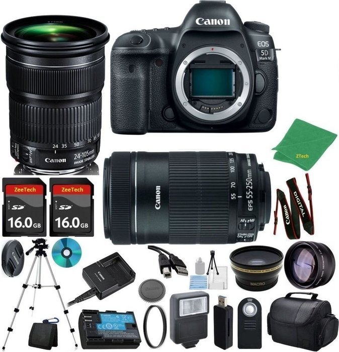 Canon EOS 5D Mark IV with 24-105mm IS STM + 55-250mm STM + 2pcs 16GB Memory + Case + Memory Reader + Tripod +...