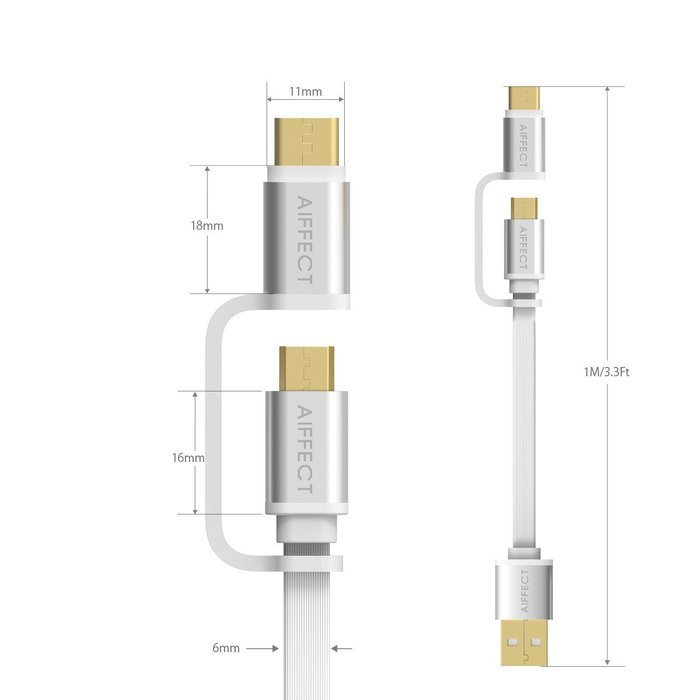 AIFFECT 3 Pack 3.3Ft 2 in 1 Duo Cable, Micro B to Type A Data & Charging USB Cable with Type C Adapter for Devices... N2