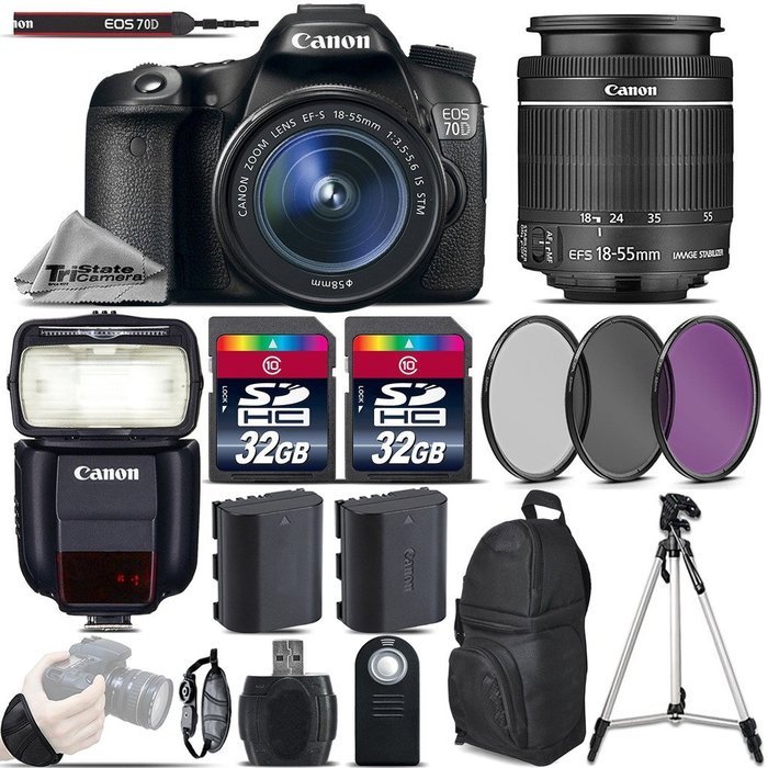 Canon EOS 70D DSLR Camera + Canon 18-55mm IS STM Lens + Canon Speedlite 430EX III RT + 64GB Storage + Backup Battery...