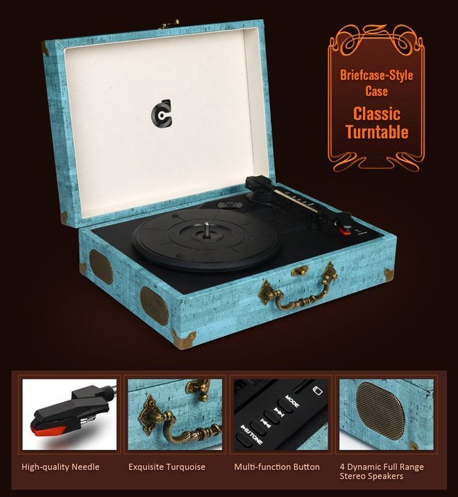 CMC Portable Bluetooth 3 Speed Turntable with Built in Stereo Speakers, Vintage Style Vinyl Record Player, Turquoise