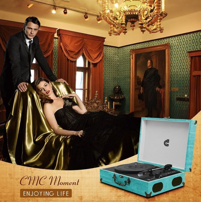 CMC Portable Bluetooth 3 Speed Turntable with Built in Stereo Speakers, Vintage Style Vinyl Record Player, Turquoise N2