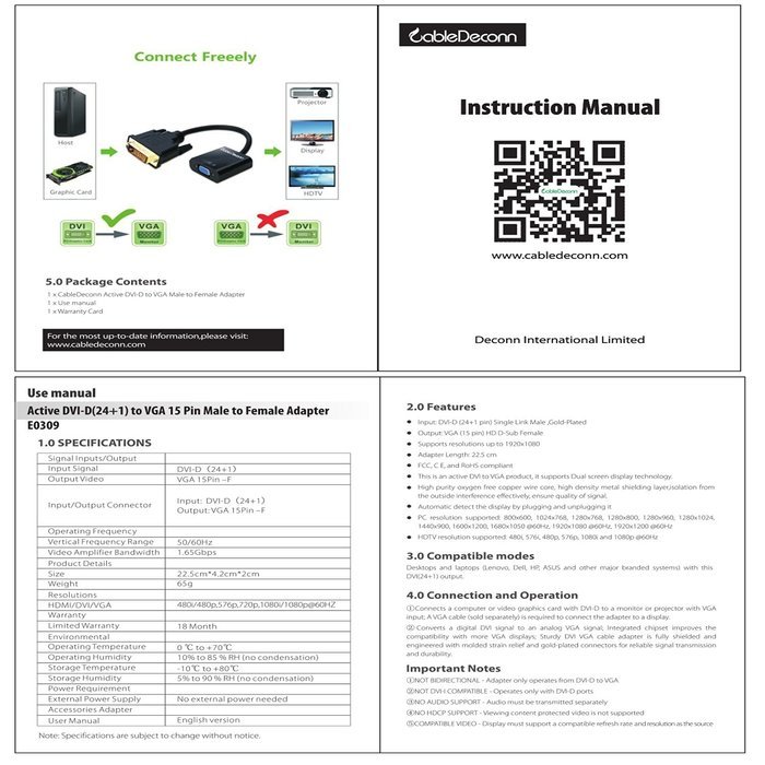 CableDeconn Active DVI-D Link 24+1 male to VGA FeMale M/F Video Cable Adapter Converter N9