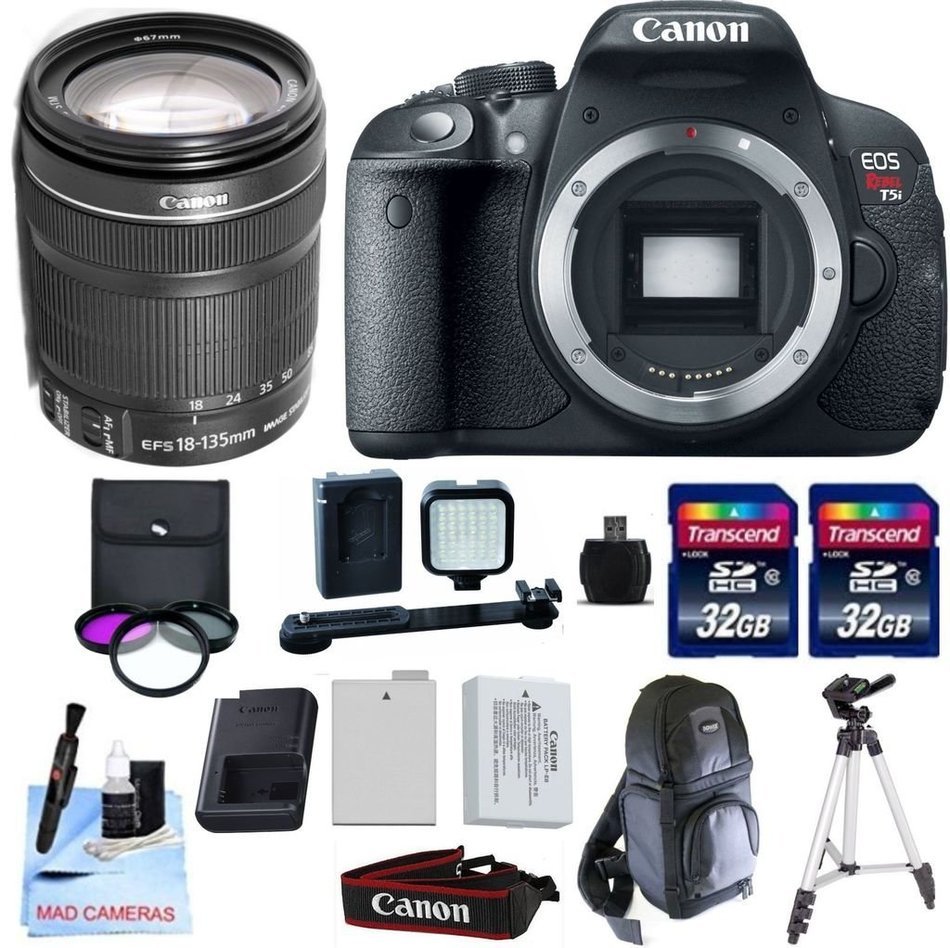 Canon EOS T5i + Canon 18-135mm f/3.5-5.6 IS STM + 2 32GB Transcend SD Memory Cards + LED Video Light + Spare LP...