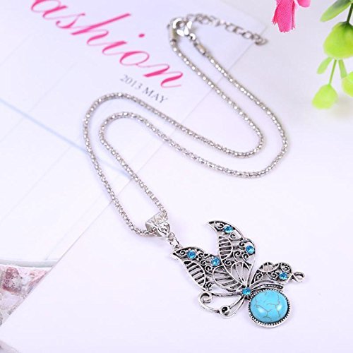 Cute Women Green Turquoise Butterfly Tibetan Silver Pendant Long Chain Necklace