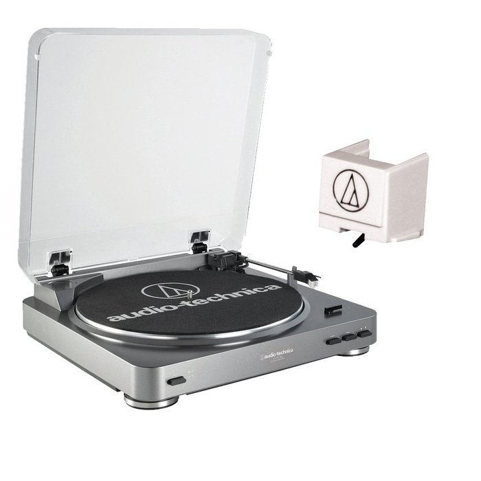 Audio Technica AT-LP60USB Black Turntable + Replacement Stylus ATN3600L K&M Cloth (2 items)