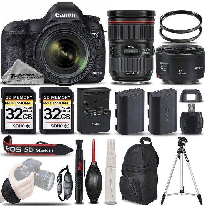 Canon EOS 5D Mark III DSLR 22.3MP + Canon 24-70mm f/2.8L II USM Lens + Canon 50mm 1.8 II Lens + Backup Battery...