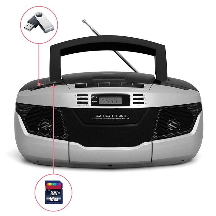 Tyler MP3/CD Boombox Player TAU103-SL with Tape Cassette Player/Recorder, USB/SD Card Reader, Headphone Jack Line-In...