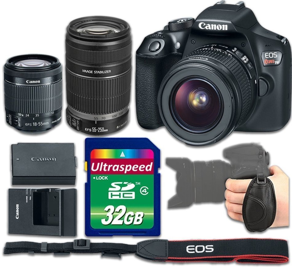 Canon T6 DSLR Camera Body With 18-55mm f/3.5-5.6 IS II Lens + 55-250mm f/4-5.6 IS II Lens Kit Bundle - International...