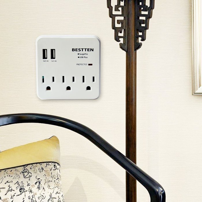 Bestten 3 Outlet Wall Mount Surge Protector with 2 USB Charging Ports (2.4A/Port, Total 3.1A) and Safety Covers... N18