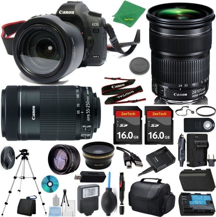 Canon EOS 5D Mark III Camera + 24-105mm STM + 55-250mm STM + 2pcs 16GB Memory + Case + Reader + Tripod + ZeeTech...
