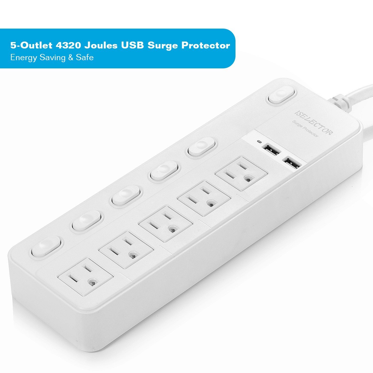 ISELECTOR Surge Protector 4320J 5-Outlet Individual Switch Power Strip ...