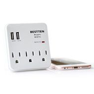 Bestten 3 Outlet Wall Mount Surge Protector with 2 USB Charging Ports (2.4A/Port, Total 3.1A) and Safety Covers... N24