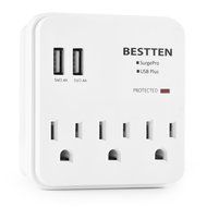 Bestten 3 Outlet Wall Mount Surge Protector with 2 USB Charging Ports (2.4A/Port, Total 3.1A) and Safety Covers... N27
