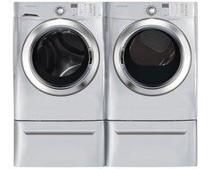 Frigidaire Silver Front Load Laundry Pair with FFFS5115PA 27" Washer, FFSG5115PA 27" Gas Dryer and 2 CFPWD15A...