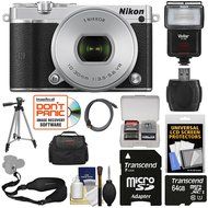 Nikon 1 J5 Wi-Fi Digital Camera &amp; 10-30mm Lens (Silver) with 64GB Card + Sling Strap + Case + Tripod + Flash +...