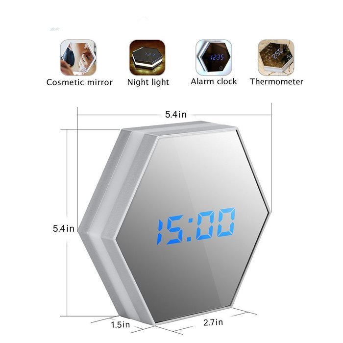 SROCKER Mirror Rechargeable Alarm Clock MC33 Smart Led Digital Display with Cosmetic Mirror, Night Light, Thermomter... N2