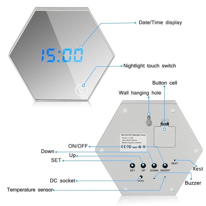 SROCKER Mirror Rechargeable Alarm Clock MC33 Smart Led Digital Display with Cosmetic Mirror, Night Light, Thermomter... N3