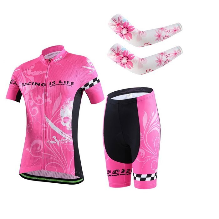 Ophelia Women Short Sleeve Cycling Jersey Pant Set+arm Sleeves(Skull,S) N11
