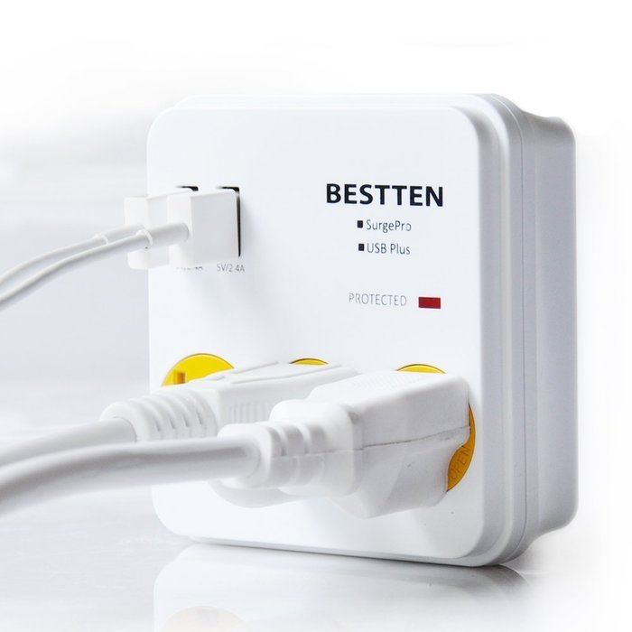 Bestten 3 Outlet Wall Mount Surge Protector with 2 USB Charging Ports (2.4A/Port, Total 3.1A) and Safety Covers... N20