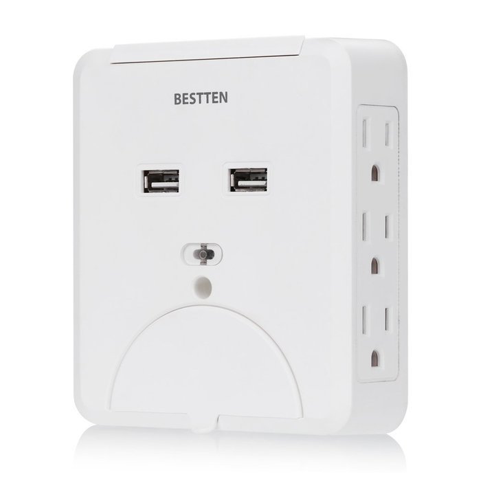 Bestten 3 Outlet Wall Mount Surge Protector with 2 USB Charging Ports (2.4A/Port, Total 3.1A) and Safety Covers... N22