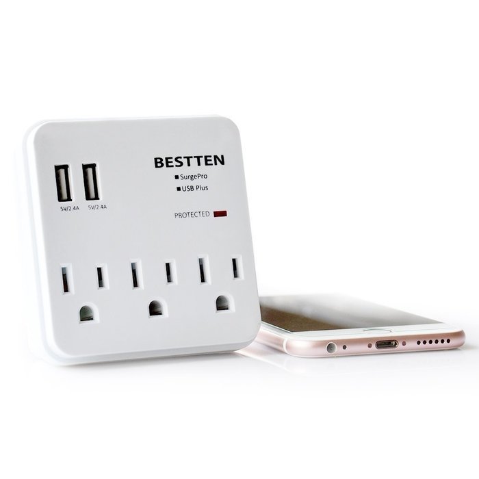 Bestten 3 Outlet Wall Mount Surge Protector with 2 USB Charging Ports (2.4A/Port, Total 3.1A) and Safety Covers... N24
